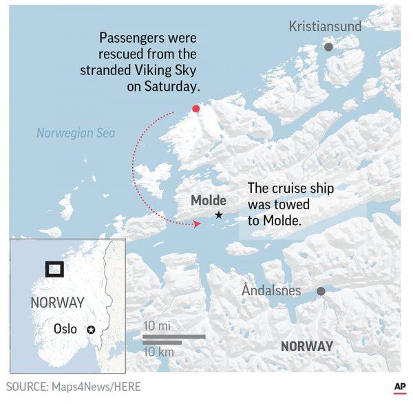 A cruise ship was stranded off Norway's western coast in bad weather.