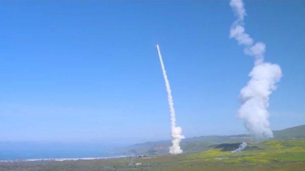 This image shows one of the intercepting projectiles careening toward its target of a test intercontinental ballistic missile on March 25, 2019. (Missile Defense Agency)