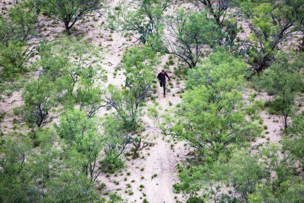An illegal alien attempts to evade capture from Border Patrol is seen from a Customs and Border Protection helicopter near Hidalgo, Texas, on May 30, 2017. (Benjamin Chasteen/The Epoch Times)