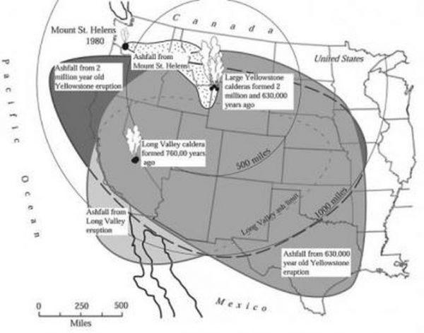 Areas of the United States that once were covered by volcanic ash from Yellowstone's giant eruptions 2 million and 630,000 years ago, compared with ashfall from the 760,000-year-old Long Valley caldera eruptions at Mammoth Lakes, California, and the 1980 eruption of Mount St. Helens, Washington (USGS)