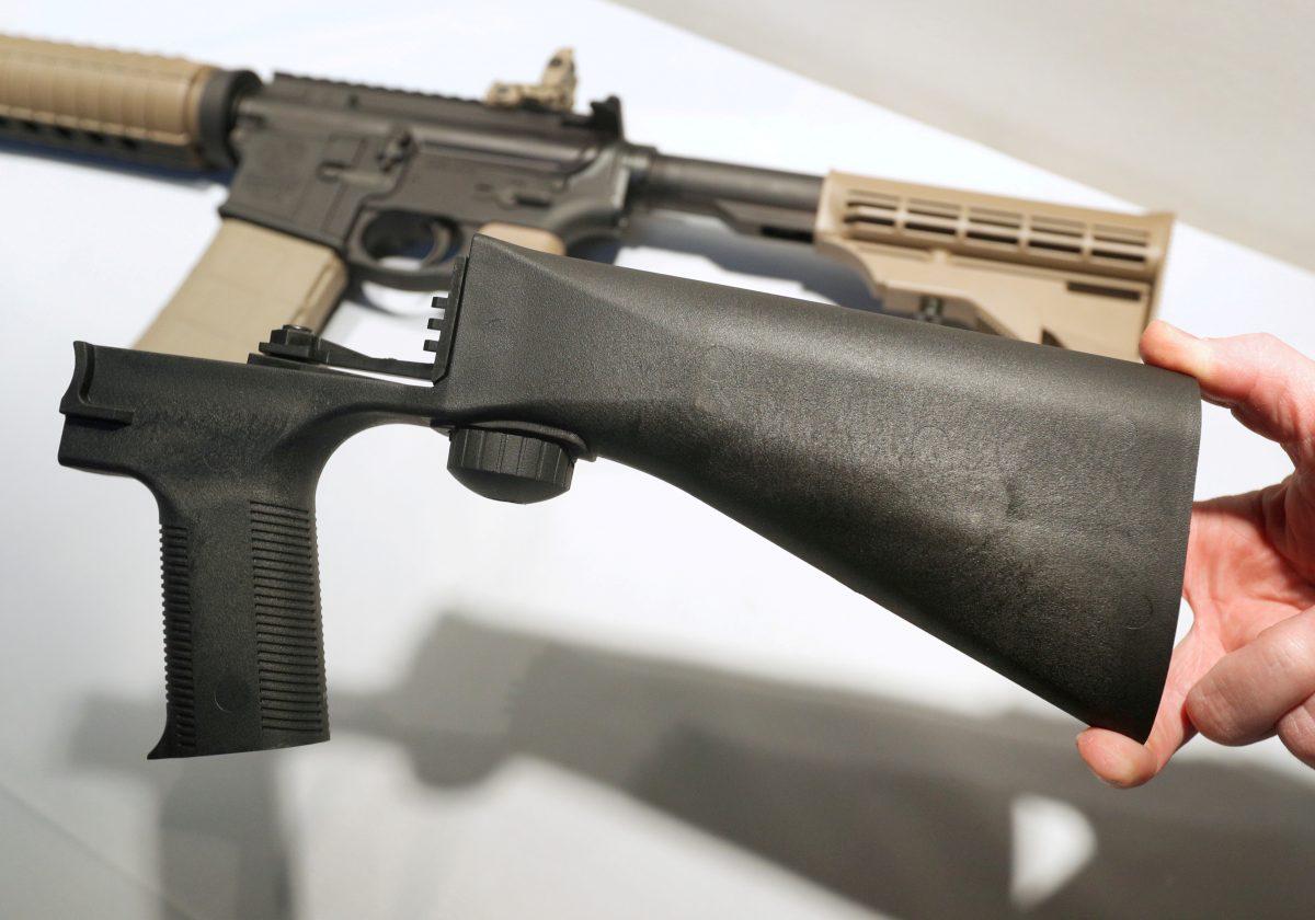 A bump fire stock that attaches to a semi-automatic rifle to increase the firing rate, at Good Guys Gun Shop in Orem, Utah, on Oct. 4, 2017. (George Frey/Reuters)