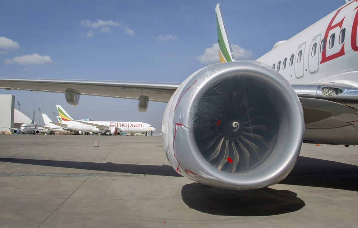 Other Ethiopian Airlines aircraft are seen in the distance behind an Ethiopian Airlines Boeing 737 Max 8 as it sits grounded at Bole International Airport in Addis Ababa, Ethiopia, on March 23, 2019. (Mulugeta Ayene/AP)