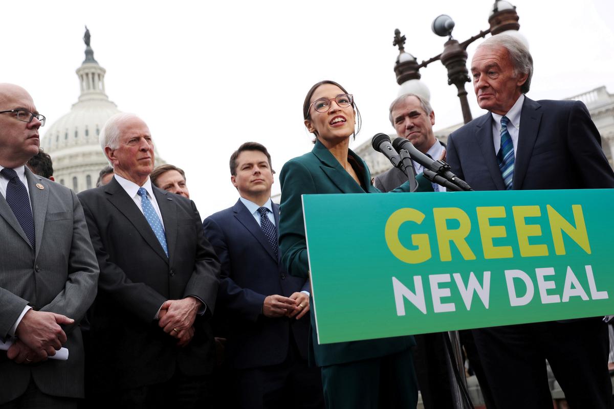 Rep. Alexandria Ocasio-Cortez (D-N.Y.) and Sen. Ed Markey (D-Mass.) hold a news conference for their proposed "Green New Deal" at the Capitol in Washington, on Feb. 7, 2019. (Jonathan Ernst/Reuters)