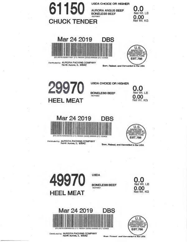 Labels for Aurora boneless angus beef heel and chuck tender meats being recalled due to possible E. coli contamination. (U.S. Food Inspection Service)