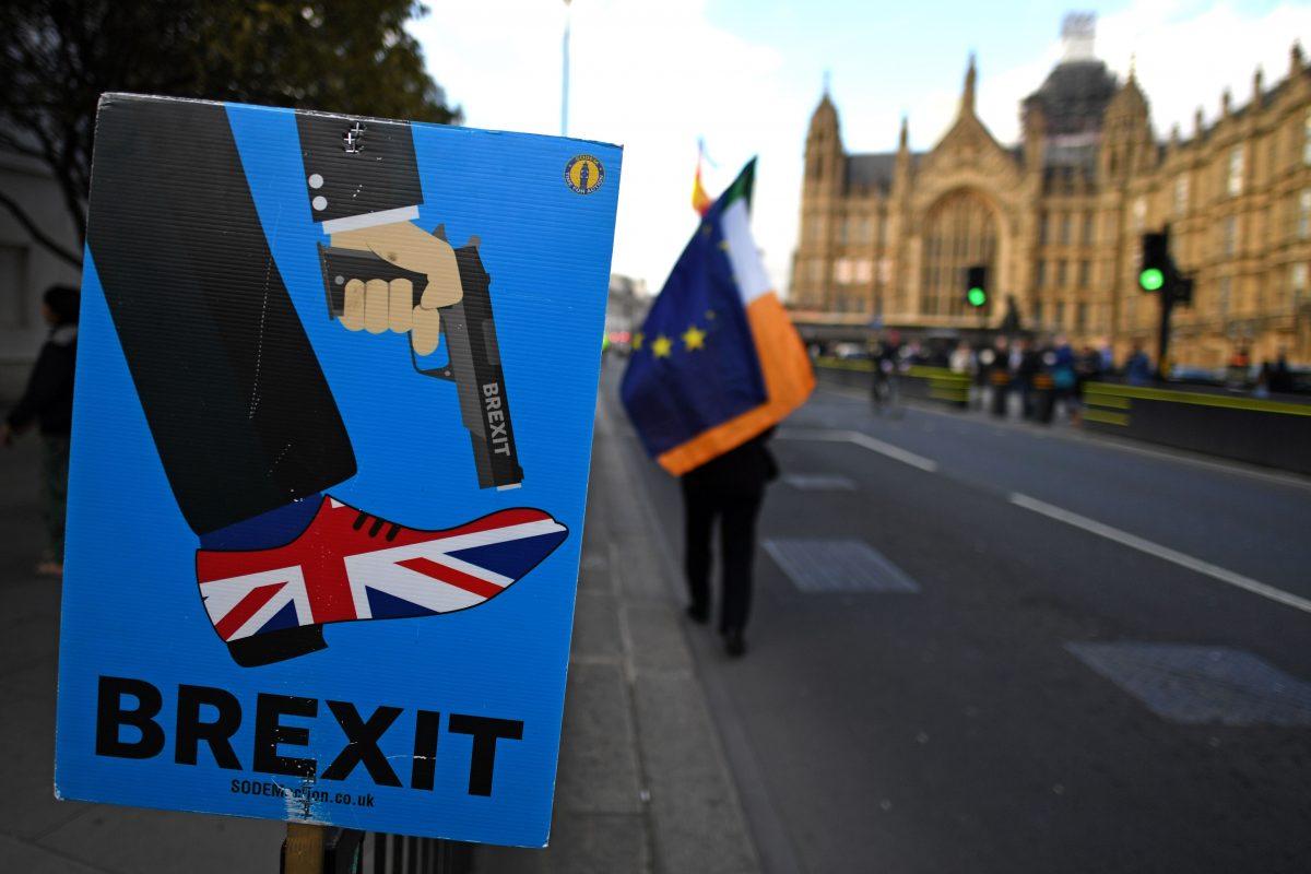 An anti-Brexit activist demonstrates near the Houses of Parliament in central London on March 27, 2019. (Paul Ellis/AFP/Getty Images)