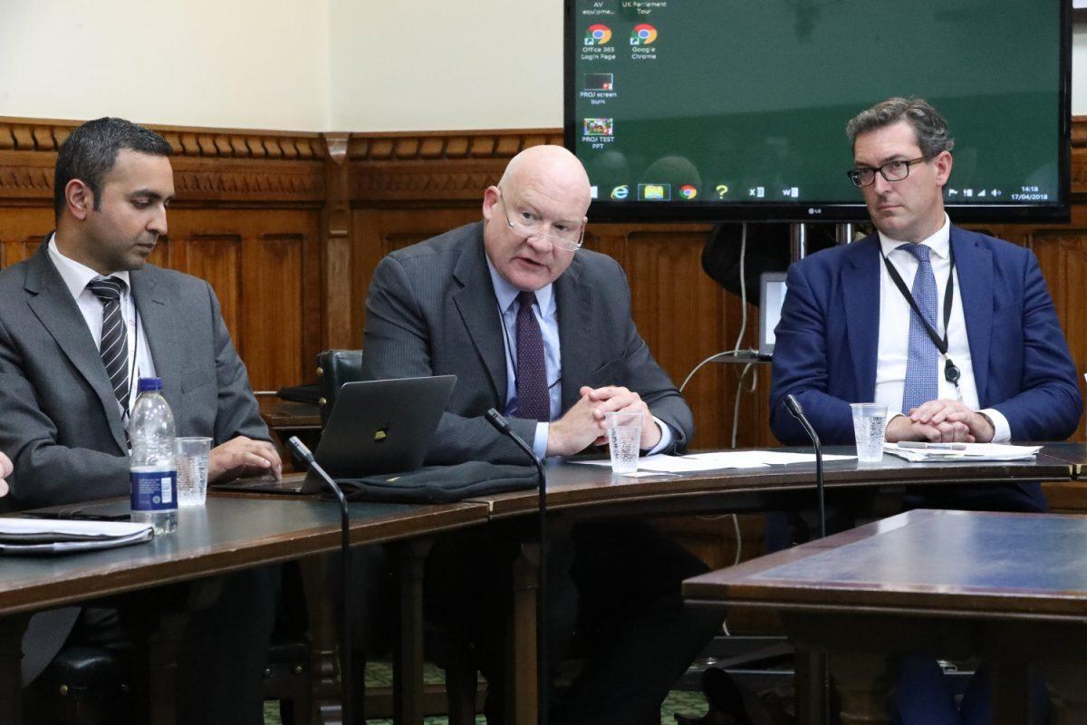 (L-R) Dr. Adnan Sharif, consultant nephrologist and secretary for DAFOH, Nobel Peace Prize nominee Ethan Gutmann, and Benedict Rogers, deputy chairman of the Conservative Party Human Rights Commission, at a Parliament briefing in April 2018. (Justin Palmer)