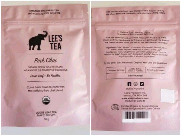 The Canadian Food Inspection Agency issued a Class 2 food recall warning for Lee's Tea pink chai loose leaf tea, 30-grams, on March 27, 2019. (CFIA)