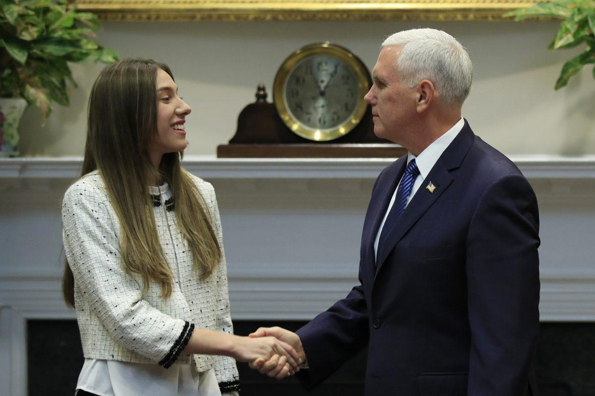 Vice President Mike Pence welcomes Fabiana Rosales (L) the wife of Venezuelan interim president Juan Guaido, in Washington, on March 27. (Manuel Balce Cenet/AP photo)