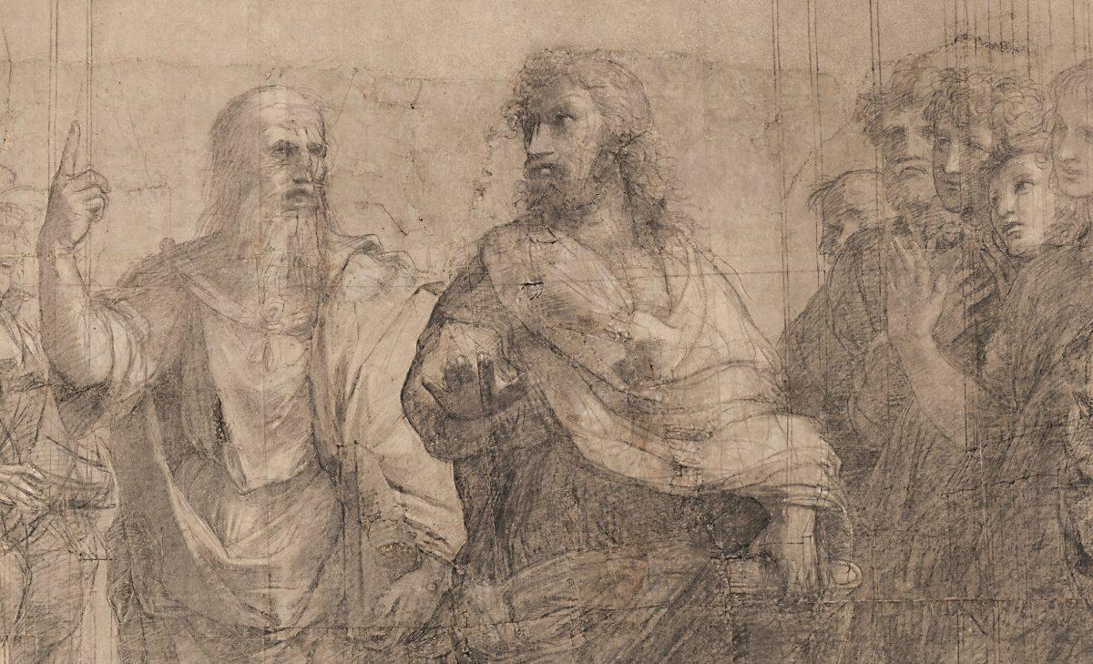 Detail of Plato (L) and Aristotle (R) in the “School of Athens,” by Raphael (Raffaello Sanzio). Cardboard, charcoal, and white lead. (Venerable Ambrosiana Library, Mondadori Portfolio)