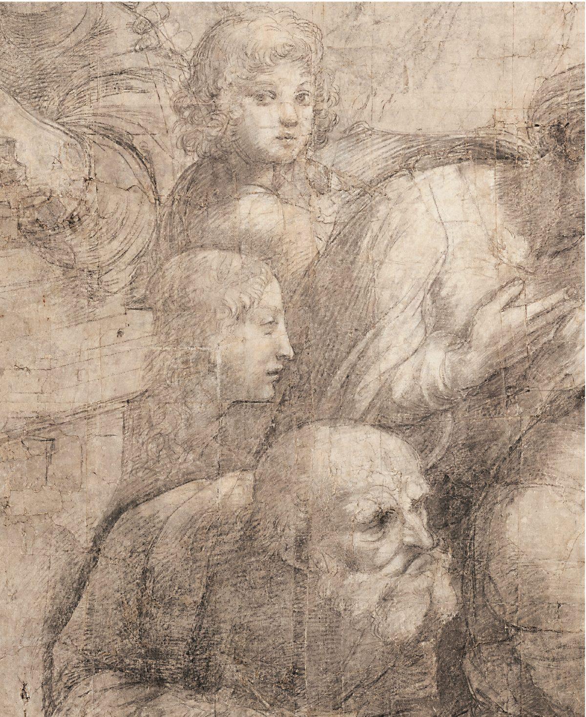 Detail of the "School of Athens," by Raphael (Raffaello Sanzio). Cardboard, charcoal and white lead.<br/>(Venerable Ambrosiana Library, Mondadori Portfolio)