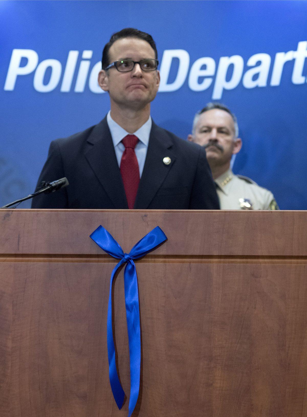 Riverside County District Attorney Mike Hestrin speaks about missing 8-year-old Noah McIntosh at a press conference at Police Desalter Training Room in Corona, Calif., on March 28, 2019. (Cindy Yamanaka/The Orange County Register/AP)