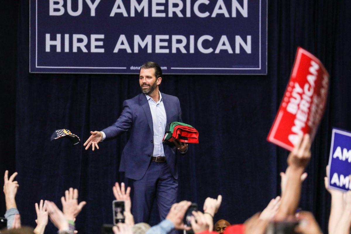 Donald Trump Jr., at President Donald Trump’s MAGA rally in Grand Rapids, Mich., on March 28, 2019. (Charlotte Cuthbertson/The Epoch Times)