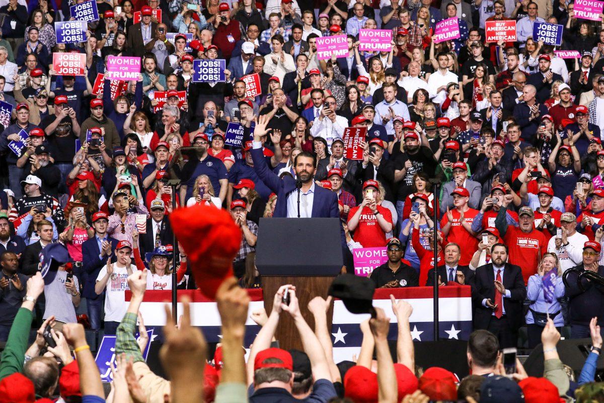 Donald Trump Jr., at President Donald Trump’s MAGA rally in Grand Rapids, Mich., on March 28, 2019. (Charlotte Cuthbertson/The Epoch Times)