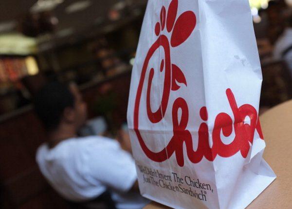 A Chick-fil-A logo is seen on a take out bag at one of its restaurants in Bethesda, MD. on July 28, 2012 . (Photo by MANDEL NGAN/AFP/GettyImages)