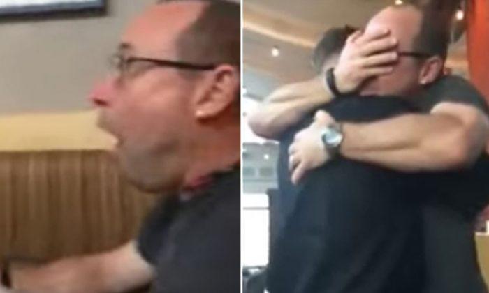 Father Leaps Out of Restaurant Booth After Seeing Marine Son Disguised As a Waiter