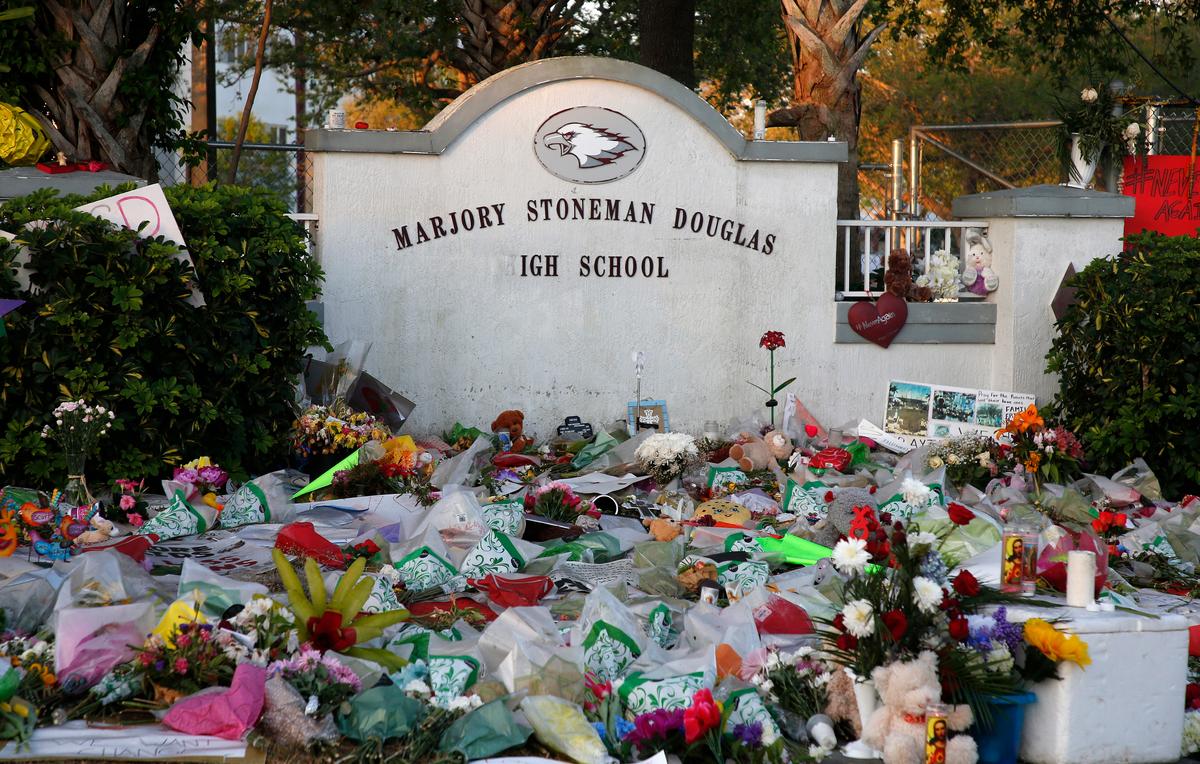 Flowers, candles and mementos sit outside one of the makeshift memorials at in Parkland, Fla. on Feb. 27, 2018. (Rhona Wise/AFP/Getty Images)