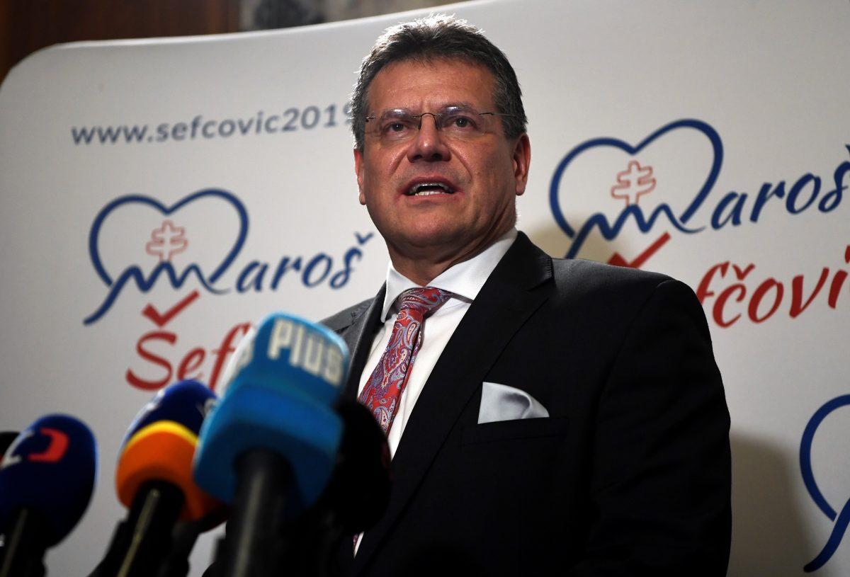 Slovakia's presidential candidate Maros Sefcovic speaks to the media in Bratislava, Slovakia, on March 30, 2019. (Radovan Stoklasa/Reuters)