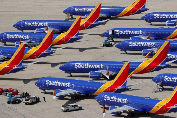 A number of grounded Southwest Airlines Boeing 737 MAX 8 aircraft are shown parked at Victorville Airport in Victorville, Calif., on March 26, 2019. (Mike Blake/Reuters)