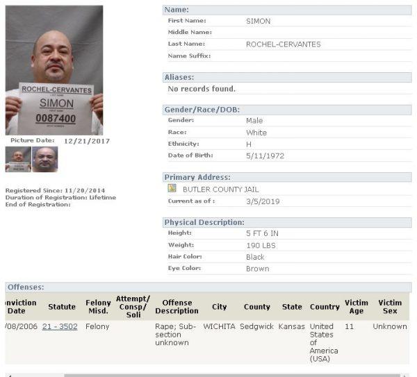 Simon Rochel-Cervantes' sex offender file. (Kansas sex offender registry - KBI.gov)