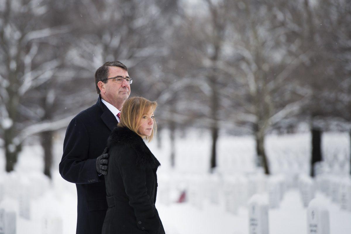 Ashton Carter and Stephanie Carter visit the Arlington National Cemetery on Feb. 17, 2015. (Department of Defense)