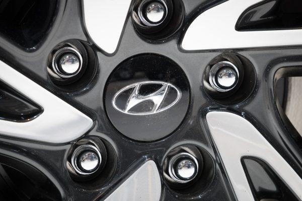 The Hyundai logo during the opening day of the 97th edition of the Brussels Motor Show, at Brussels Expo, on Jan. 18, 2019, in Brussels. (Dirk Waem/AFP/Getty Images)