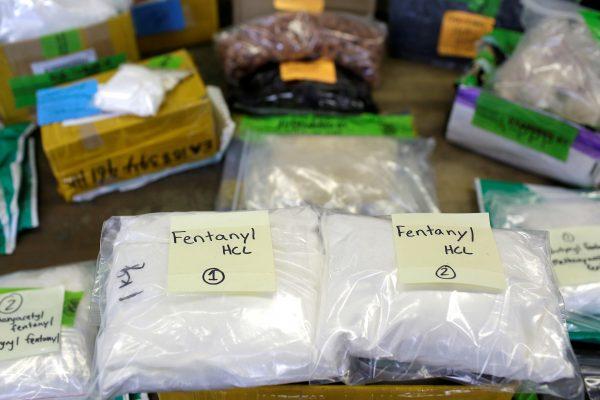 Plastic bags of Fentanyl are displayed on a table at the U.S. Customs and Border Protection area at the International Mail Facility at O'Hare International Airport in Chicago, Ill., on Nov. 29, 2017. (Joshua Lott/File Photo via Reuters)
