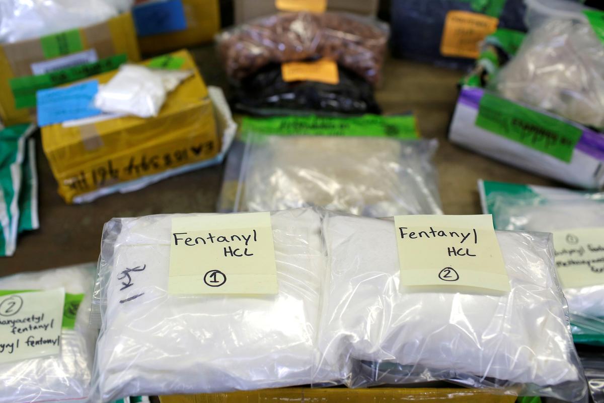Plastic bags of Fentanyl are displayed on a table at the U.S. Customs and Border Protection area at the International Mail Facility at O'Hare International Airport in Chicago, Ill., on Nov. 29, 2017. (Joshua Lott/Reuters)
