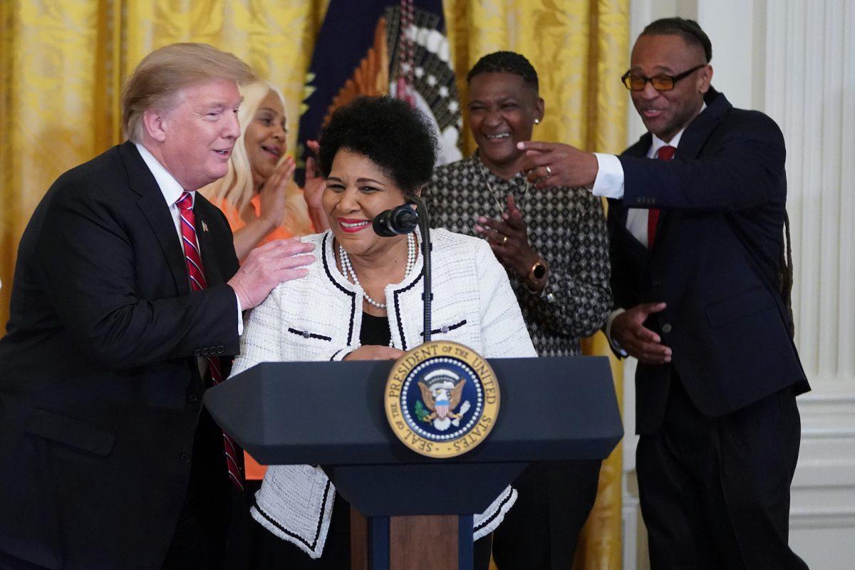 Alice Marie Johnson, who had her sentence commuted by President Donald Trump after she served 21 years in prison for cocaine trafficking, speaks during a celebration of the First Step Act in the East Room of the White House on April 1, 2019. (Chip Somodevilla/Getty Images)