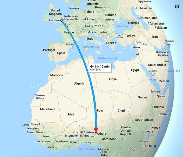 A screenshot from Google Maps taken on April 2, 2019 shows a 4,000-miles flight from London to Abuja, Nigeria.