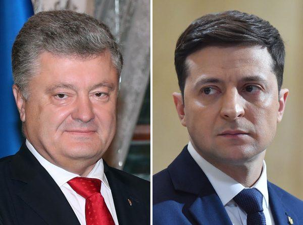 Incumbent Ukrainian President Petro Poroshenko (L) and presidential candidate and comic actor Volodymyr Zelensky. (Kayan Ozer, Sergei Supinsky/AFP/Getty Images)