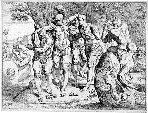 Odysseus forcing his men off the island of the Lotus-Eaters. An 18th-century French engraving. (Public Domain)