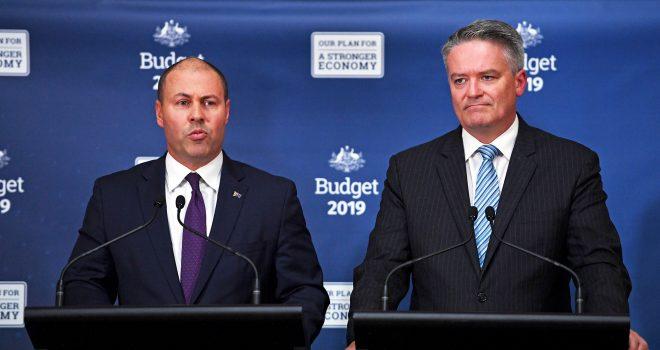 Australian Treasurer Josh Frydenberg (L) and Finance Minister Mathias Cormann (R) announce the Federal Budget in Canberra, Australia, on April 2, 2019. (Tracey Nearmy/Getty Images)
