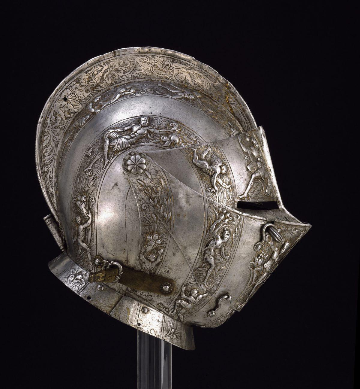 Close helmet, circa 1590, French manufacture. Steel; 11 3/4 inches by 13 inches by 7 7/8 inches. Stibbert Museum, Florence. (The John and Mable Ringling Museum of Art)