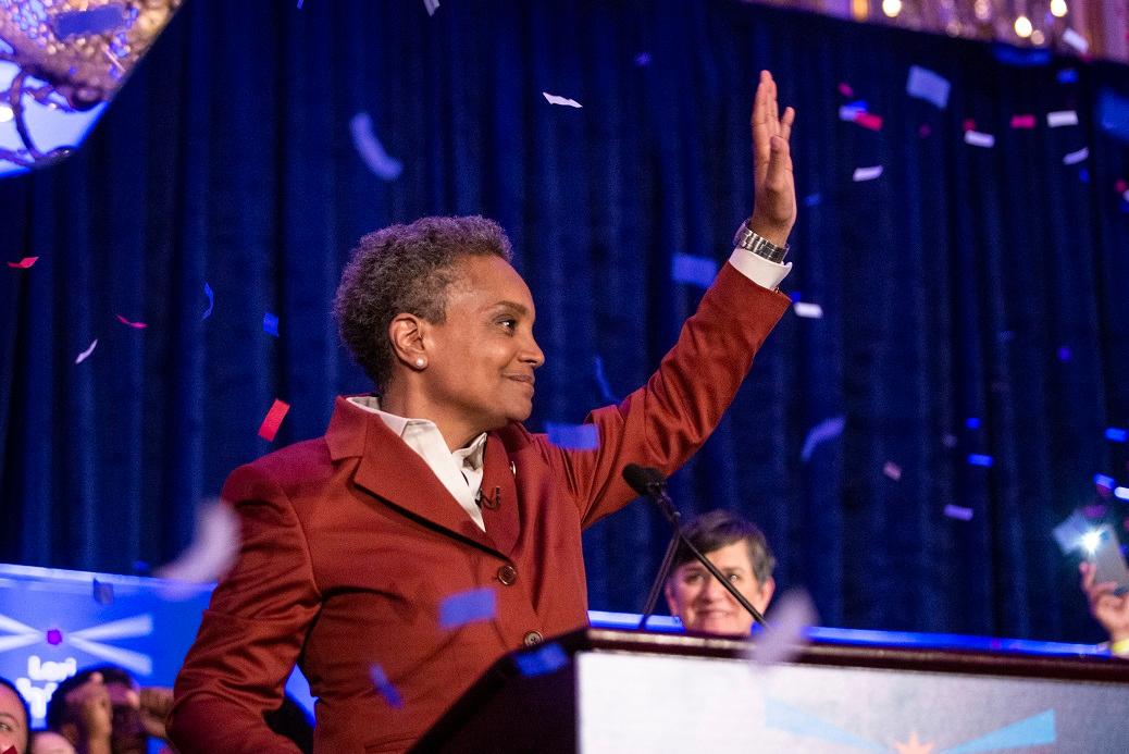 Lori Lightfoot celebrates at her election night rally at the Hilton Chicago after defeating Toni Preckwinkle in the Chicago mayoral election on April 2, 2019. (Ashlee Rezin/Chicago Sun-Times via AP)