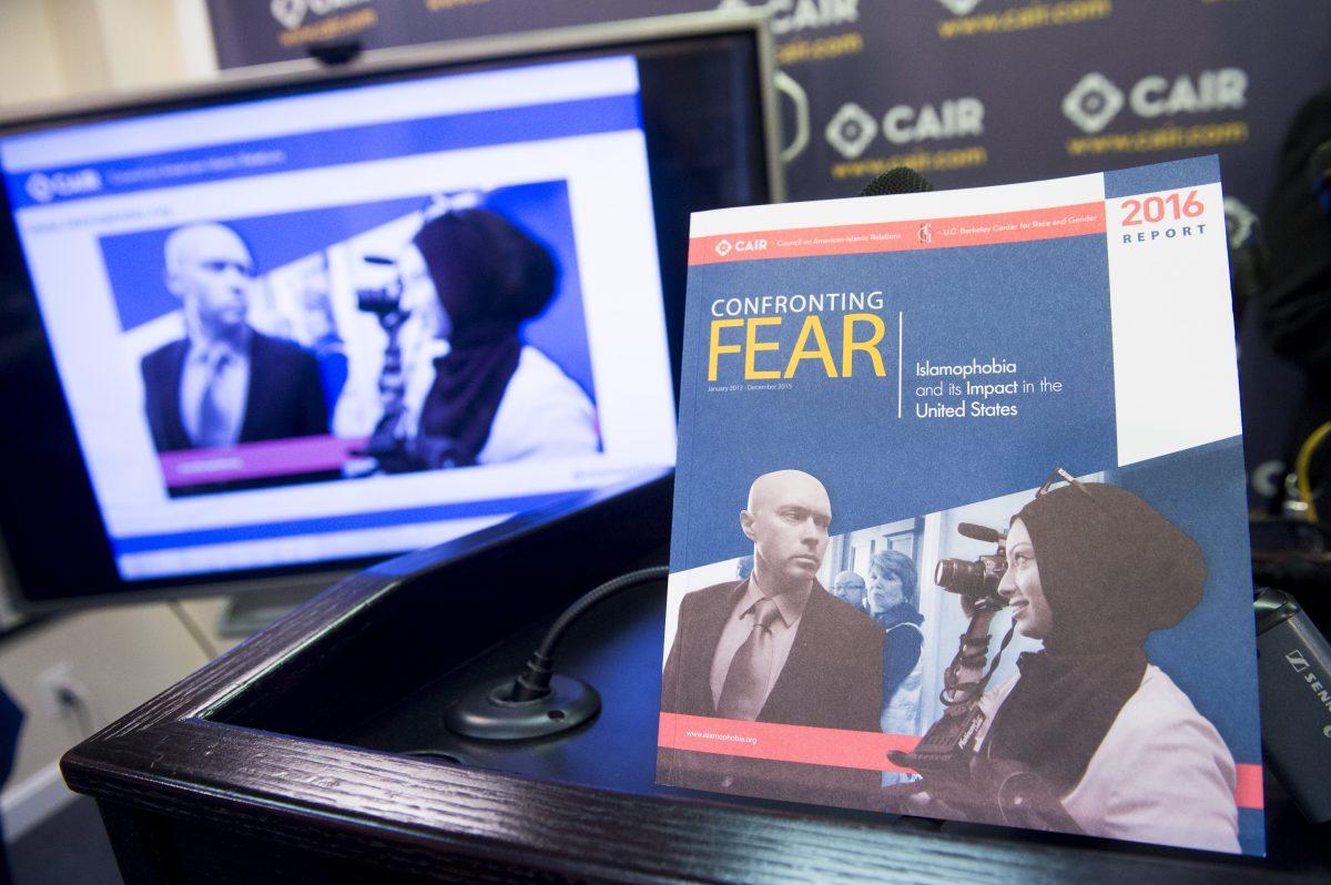 A report titled "Confronting Fear," about Islamophobia in the United States released by the Council on American-Islamic Relations (CAIR), is seen at its headquarters in Washington, on June 20, 2016. (Saul Loeb/AFP/Getty Images)