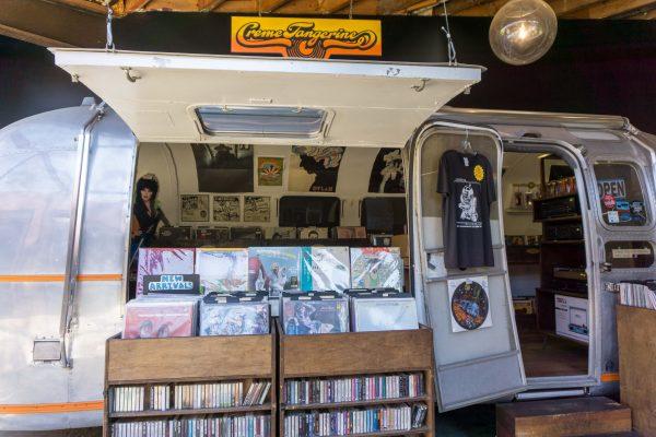 Creme Tangerine Records, an independent record store, operates out of an Airstream. (Crystal Shi/The Epoch Times)
