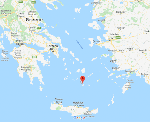 A screenshot from Google Maps, taken on April 4, 2019, shows the location of Fira, Santorini in Greece. (Google Maps)