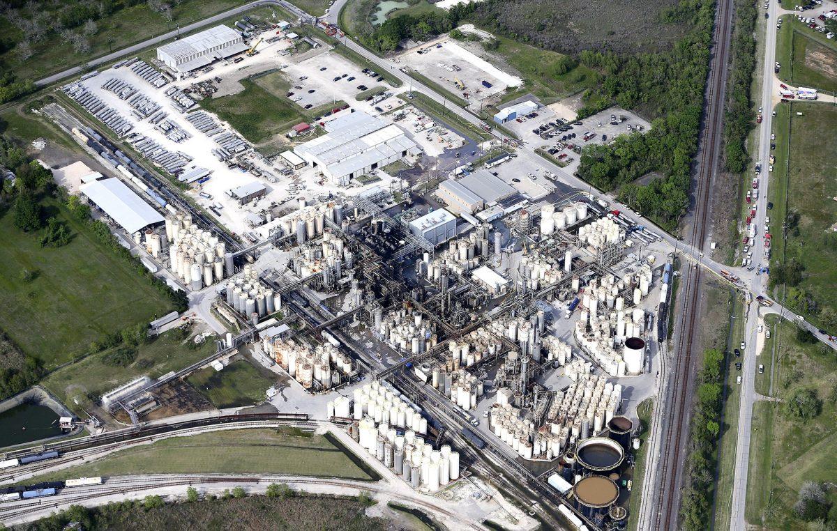 This aerial photo shows the KMCO chemical plant in Crosby, about 25 miles northeast of Houston, Texas, on April 2, 2019. (Elizabeth Conley/Houston Chronicle via AP)