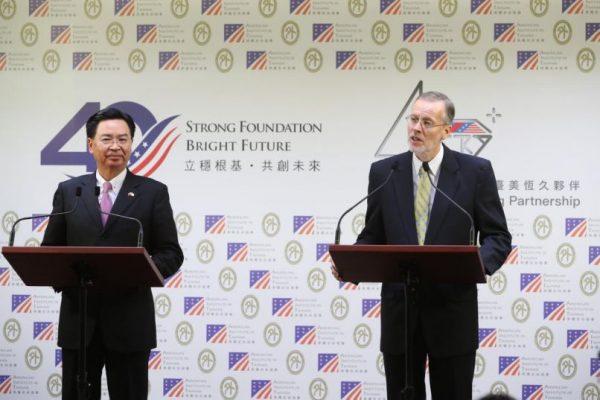 Taiwanese foreign minister Joseph Wu (L) and Director Brent Christensen (R) of the American Institute in Taiwan speak at the opening ceremony of the Indo-Pacific Democratic Governance Consultation. (Courtesy of San Francisco TECO office)