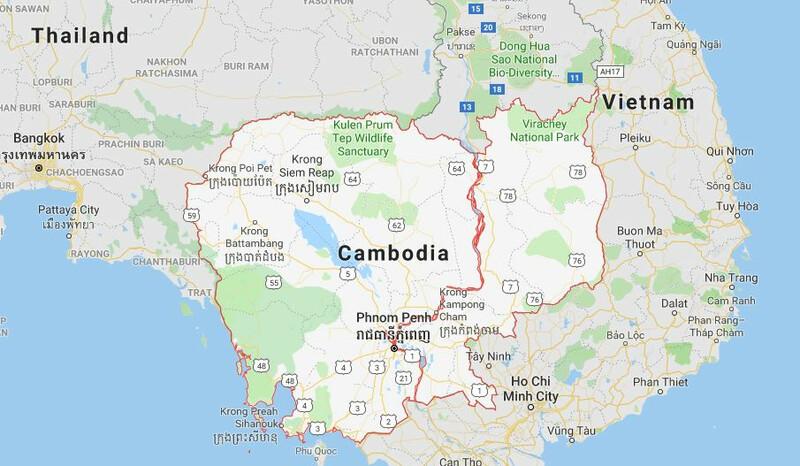 A map that shows borders of Cambodia, Vietnam, and Thailand (Google maps)