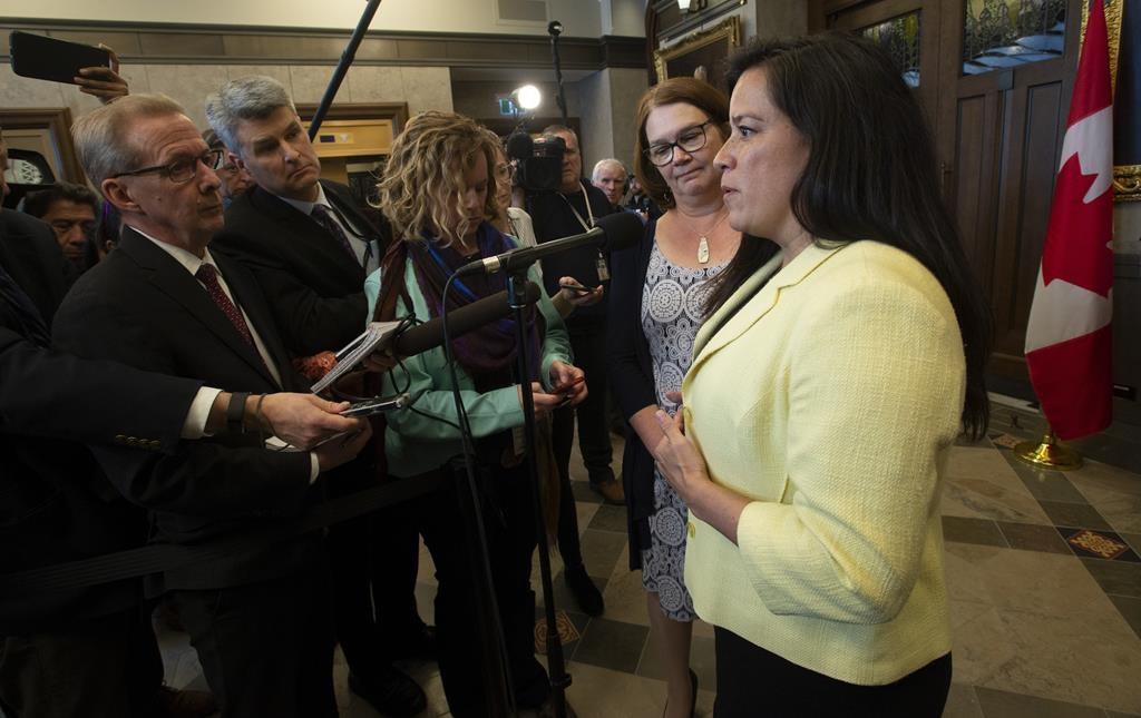 Independent Members of Parliament Jane Philpott and Jody Wilson-Raybould speak with the media before Question Period in the Foyer of the House of Commons in Ottawa, on April 3, 2019. (Adrian Wyld/The Canadian Press)