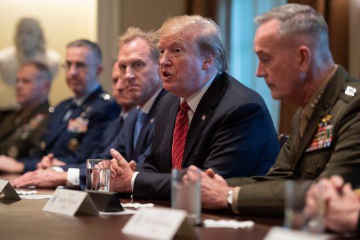 President Donald Trump is briefed by senior military leaders at the White House on April 3, 2019. (Jim Watson/AFP/Getty Images)