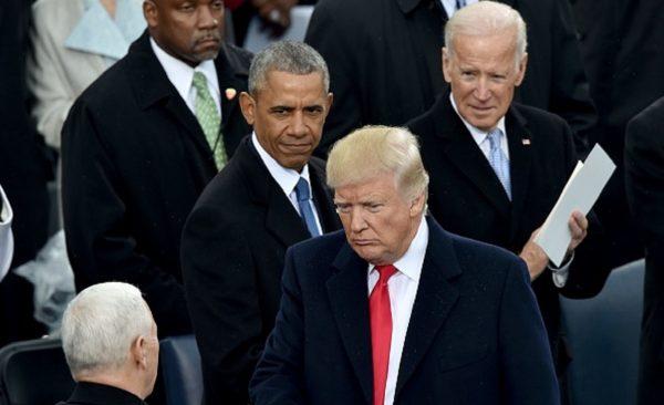 President Donald Trump(2nd-R) with Vice President Mike Pence(L) as former President Barack Obama and former Vice President Joe Biden(R) look on Trump's inauguration ceremonies at the US Capitol in Washington, on Jan. 20, 2017. (Paul J. Richards/AFP/Getty Images)