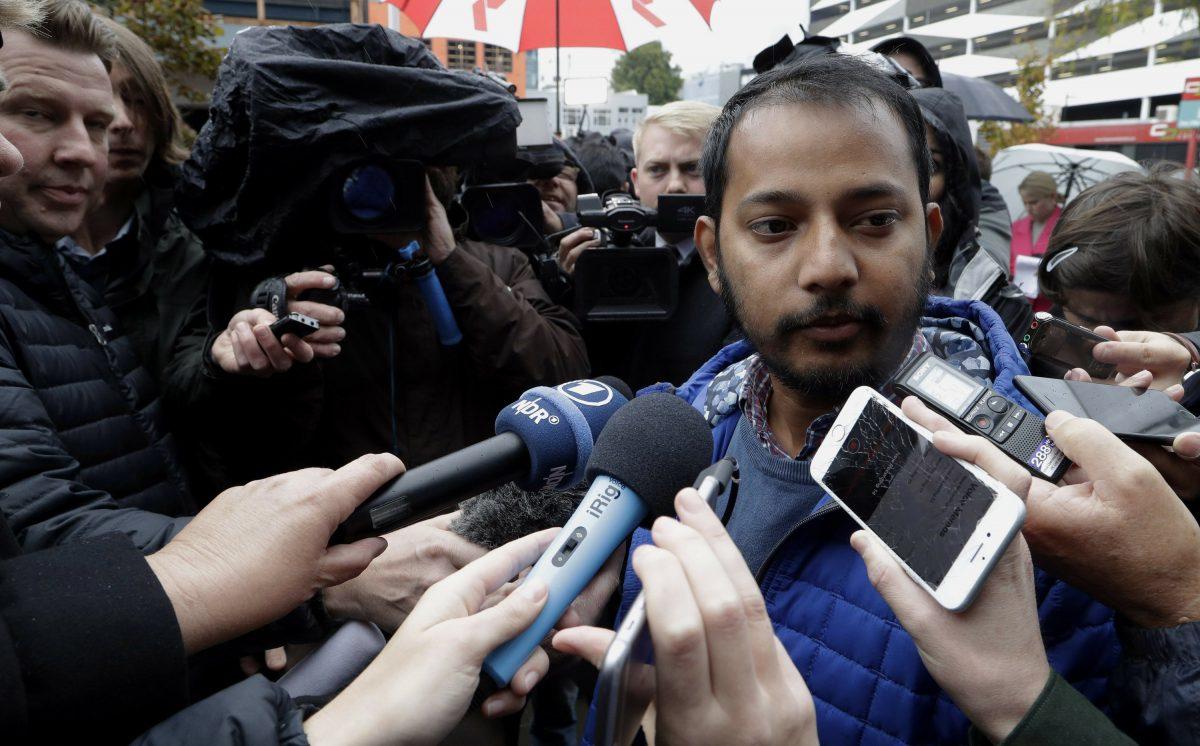 Tofazzal Alam, a survivor of the Linwood Mosque shootings, speaks to the media outside the High Court in Christchurch, New Zealand, on April 5, 2019. (Mark Baker/AP Photo)