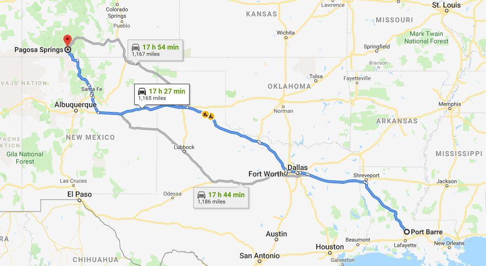 After going missing in Port Barre, Louisiana, Domeanna Spell, 15, was found in Pagosa Springs, Colorado, over 1,000 miles away. (Google Maps)