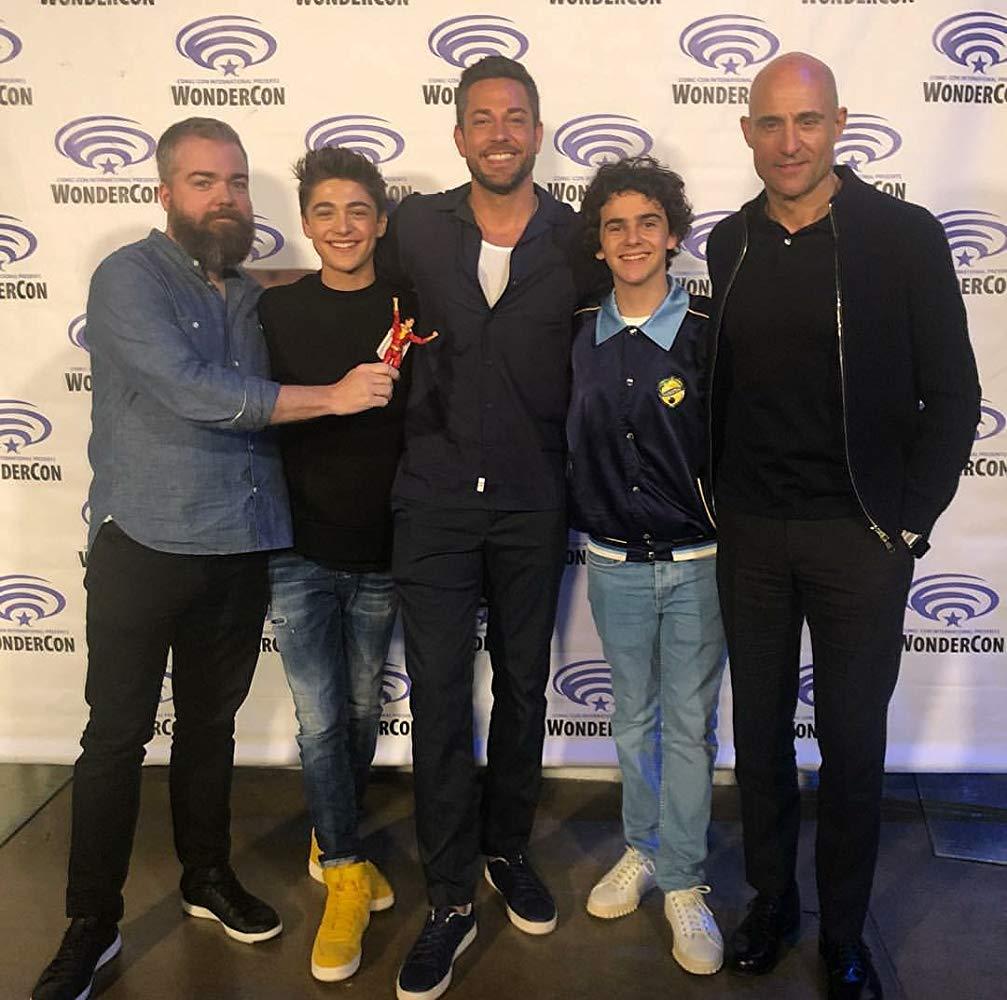 (L–R) Director David F. Sandberg, Asher Angel, Zachary Levi, Jack Dylan Grazer, and Mark Strong at an event for “Shazam!” (Warner Bros./DC Entertainment)