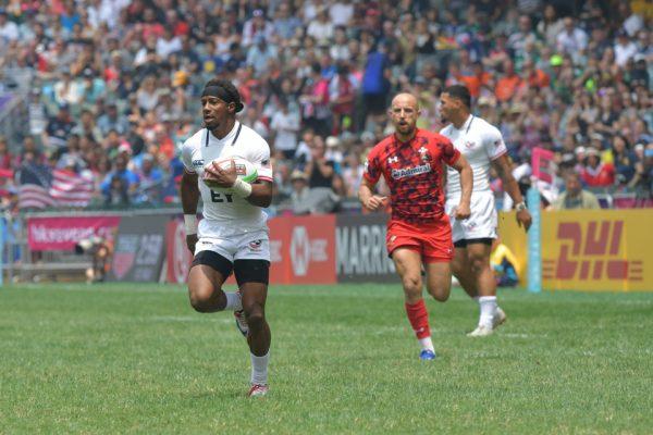 Carlin Isles of USA, with skills and speed shows how easy scoring can be at the Hong Kong Rugby Sevens on Days two, April 6, 2019. (Bill Cox/Epoch Times)