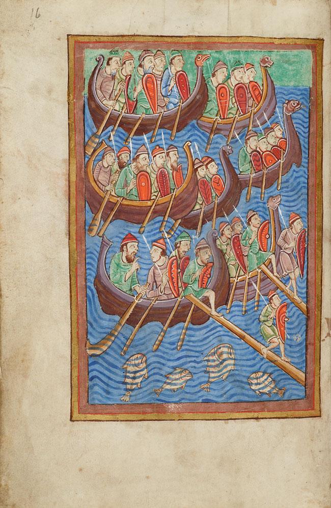 Seafaring Danes depicted invading England. Illuminated illustration from the 12th- century “Miscellany on the Life of St. Edmund.” Pierpont Morgan Library. (Public Domain)