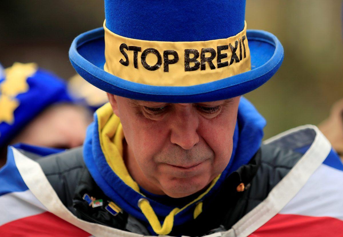 Anti-Brexit protester Steve Bray is seen outside the Houses of Parliament in London on April 8, 2019. (Gonzalo Fuentes/Reuters)