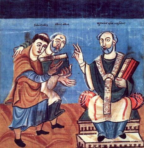 An illustration depicting the English scholar Alcuin (C). From a ninth-century document. Austrian National Library. (Public Domain)